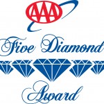 The image shows the AAA Five Diamond Award logo, featuring a red AAA oval with a swoosh above the blue script text Five Diamond Award and five blue diamond icons underneath.